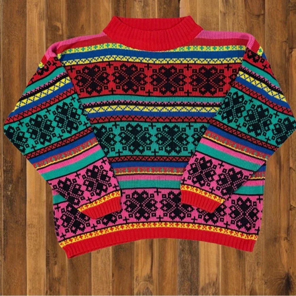 Vintage 80s Fair Isle Rainbow Sweater – Bright Geometric Knit Retro Ski Lodge M - Picture 2 of 6